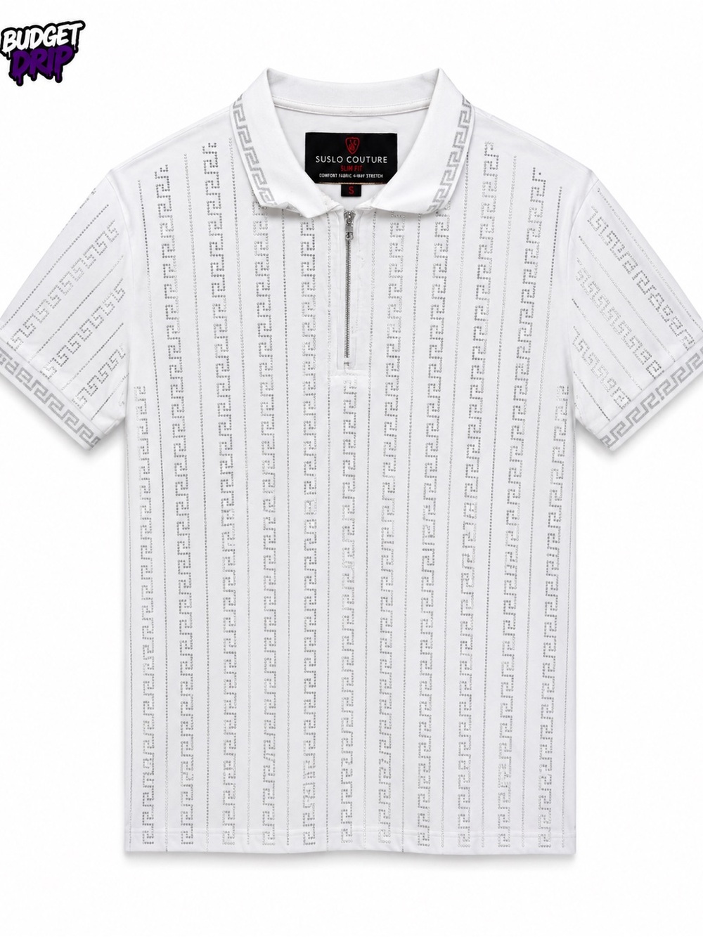 Suslo Couture White Short-Sleeve Zip Polo with Geometric Trim
